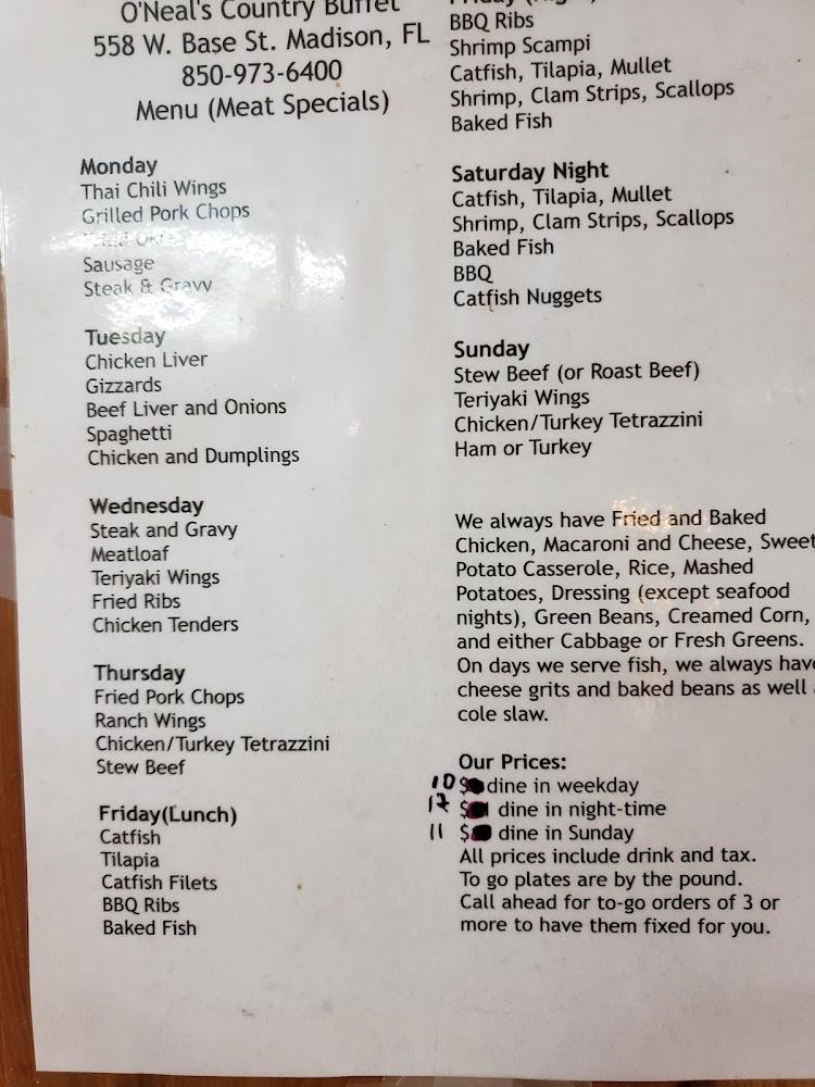 Oneal's Country Buffet Menu image 2